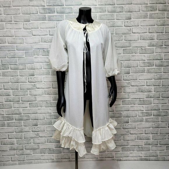 Vintage 70s Sheer Ivory Nylon Robe Ruffle‎ Trim Puff Short Sleeve Tie Collar - Picture 1 of 10